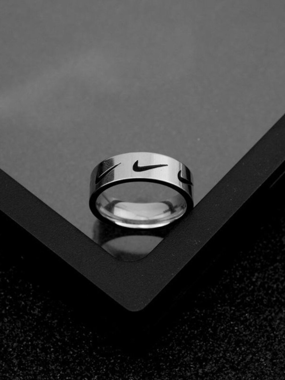 Silver Nike Ring - Black Swoosh Pattern Ring - Stainless Steel - Size 10